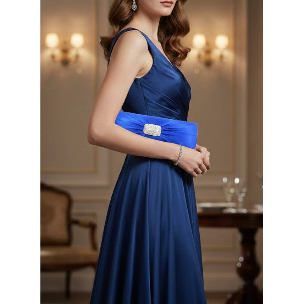 Evening Bag - Satin W/ Rhinestone Charm Closure -Blue